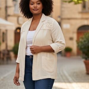 Vintage Beige Women's Blazer with Crochet Details